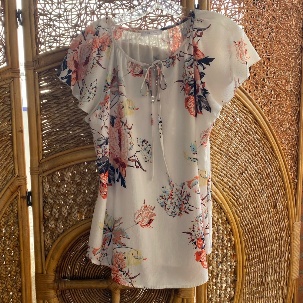 Beautiful Floral Cream and Orange Peasant Blouse Top Size L Excellent Condition - Picture 2 of 8